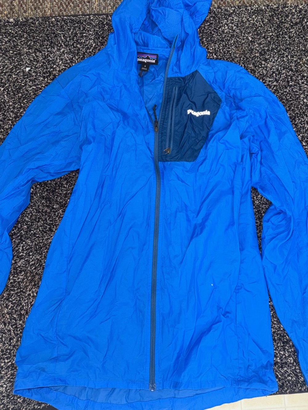 Patagonia Bright Blue Hooded Windbreaker with Navy Chest Pocket